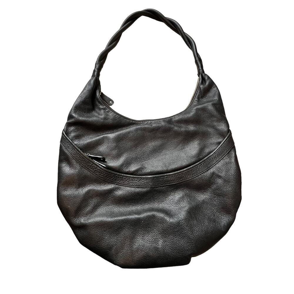 Garnet Hill Leather Shoulder Bag Black Pebbled Zip Closures Inside Pocket Round